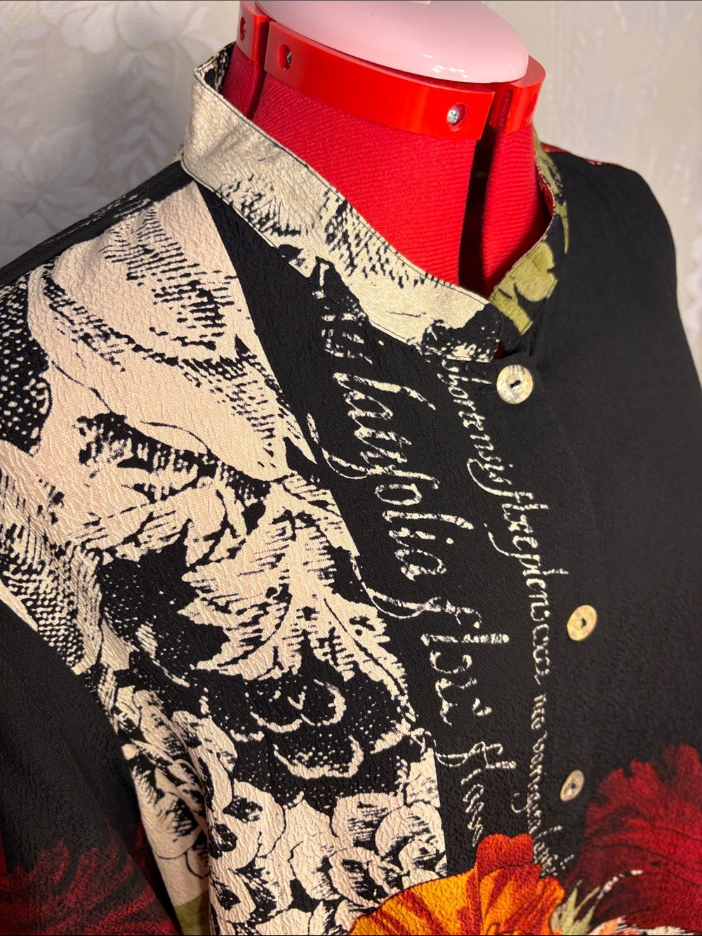 *New* Citron 100% Silk Vintage Black Button-Front Poppy Floral Shirt Tunic - Picture 6 of 16